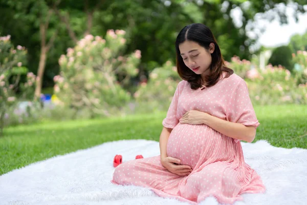 亚洲孕妇在公园里放松的画像 免版税图库照片