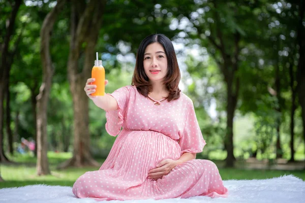 亚洲孕妇在公园休息和喝橙汁的肖像 图库图片