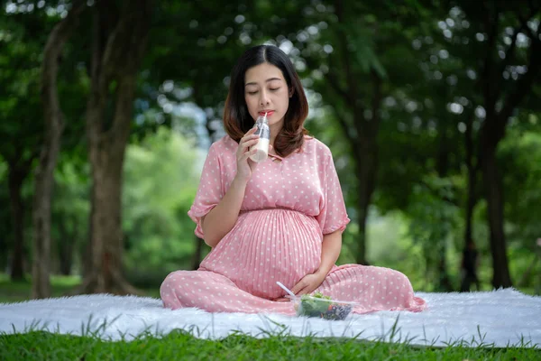 Retrato Una Mujer Embarazada Asiática Bebiendo Leche Comiendo Ensalada Parque Fotos De Stock Sin Royalties Gratis