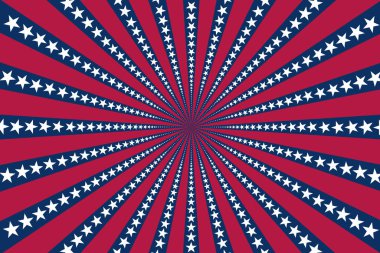 Güneş patlaması arka planı. Mavi ve kırmızı çizgiler ve yıldızlar. 4 Temmuz Bağımsızlık Günü. Vektör İllüstrasyonu