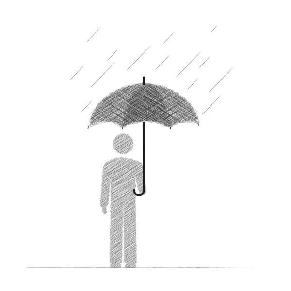 Silhueta Homem Segurando Guarda Chuva Chuva Estilo Desenho Mão Ilustração — Vetor de Stock