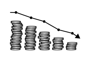 Finansal çöküş, hamiline borsa, iş kaybı ve yatırım kaybı. Madeni para yığını finansal haritanın bir parçası olarak azalıyor. Vektör illüstrasyonu