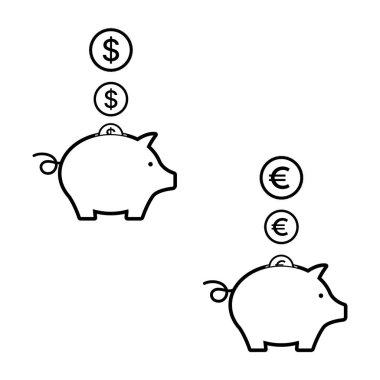 Beyaz arka planda madeni para ikonu olan domuz kumbarası. Özet biçimi Vektör illüstrasyonu