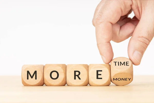 More Time More Money Decision Concept Text Wooden Blocks Hand — Fotografia de Stock