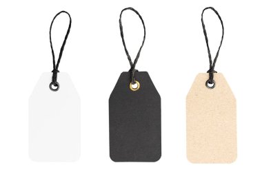 Set of three Blank cardboard price tags isolated on white background. White, black and brown colors. Template mock up