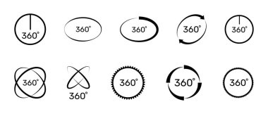 360 degree icon set. Symbol with arrow to indicate the rotation, virtual reality or panoramas to 360 degrees. Vector illustration