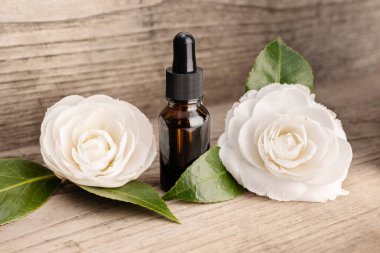 Camellia essential oil still life. Amber bottle and camellia flowers on rustic wooden table