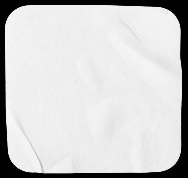 Blank white square shape card isolated on black background. Crumpled paper pieces. Template mockup