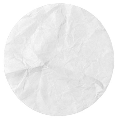 Blank white circle shape label isolated on white background. Crumpled paper piece. Template mockup