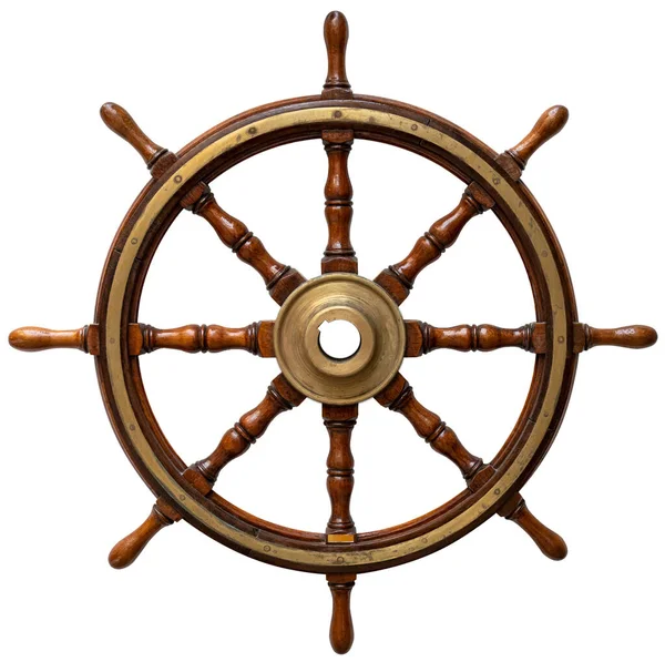 白色底座上隔离的旧船木制方向盘舵 — 图库照片