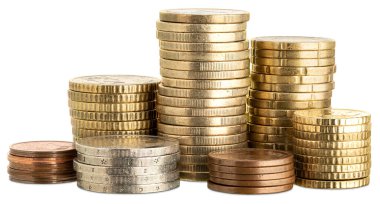 Beyaz arkaplanda izole edilmiş avro sikkelerini kapat