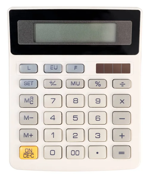 Calculadora Com Tela Branco Isolada Fundo Branco Vista Superior — Fotografia de Stock