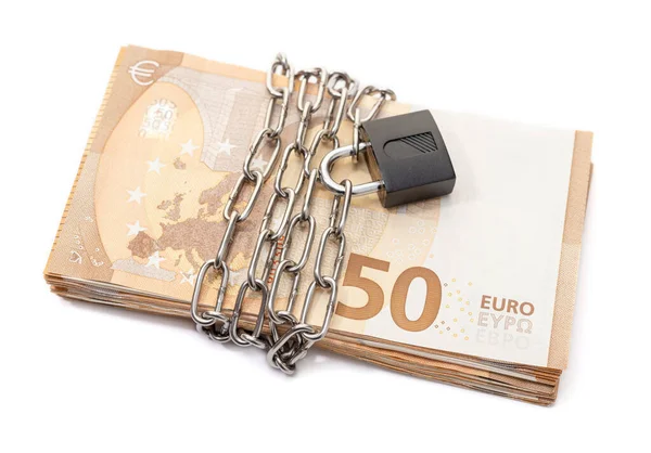 Lock Security Chain Euro Stack Banknotes Isolated White Background Monetary — Stock Photo, Image