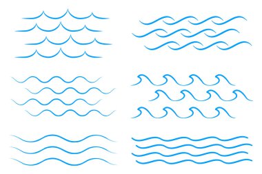 Deniz dalgası simgesi ayarlandı. İnce çizgi dalgaları koleksiyonu. Düz vektör illüstrasyonu
