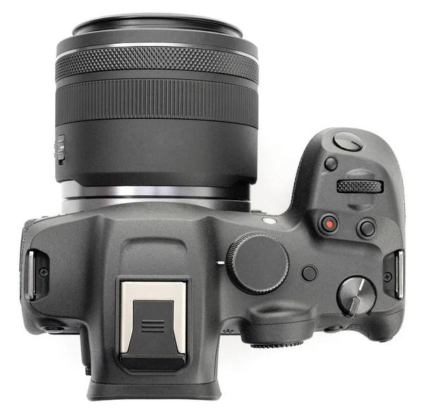 Moderne Fotokamera Mit Objektiv Isoliert Auf Weißem Hintergrund Ansicht Von — Stockfoto