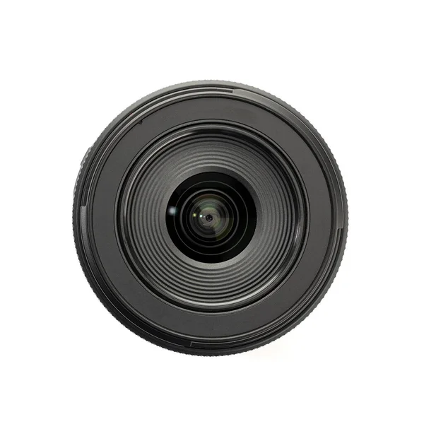 Фронтальный Вид Современной Фотокамеры Линзы Изолированы Белом Фоне Глаз Камеры — стоковое фото