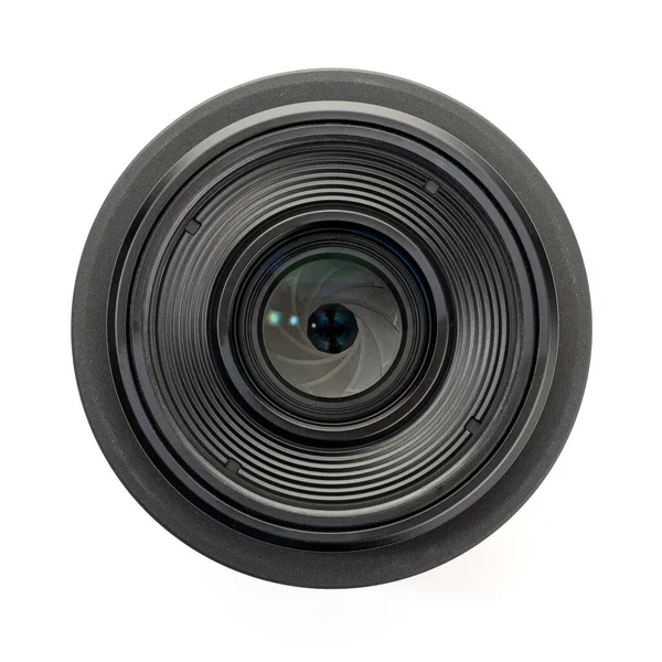 Vista Frontal Uma Lente Câmera Fotográfica Moderna Isolada Fundo Branco — Fotografia de Stock