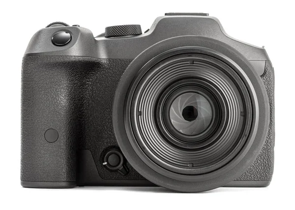 Frontansicht Einer Modernen Fotokamera Mit Objektiv Isoliert Auf Weißem Hintergrund — Stockfoto