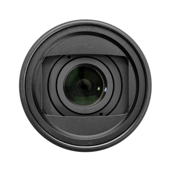 Vista Frontal Uma Lente Câmera Foto Macro Isolada Fundo Branco — Fotografia de Stock