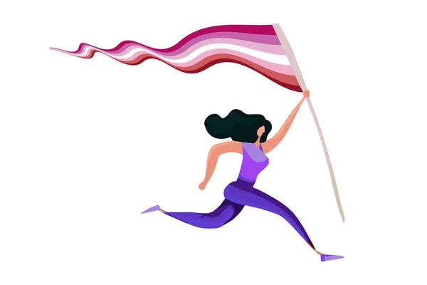 跑步的女人拿着一面与白色背景隔离的女同性恋旗 矢量说明 — 图库矢量图片