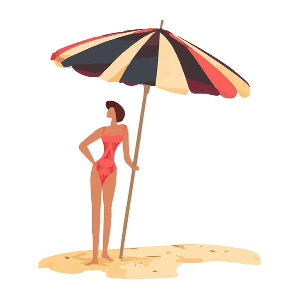 一个女人的海滩场景和被白色背景隔离的海滩伞 海滨度假的概念 矢量说明 — 图库矢量图片