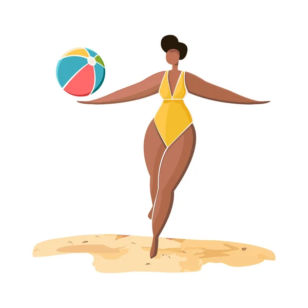 海滩场景一个女人玩海滩球孤立在白色背景 海滨度假的概念 矢量说明 — 图库矢量图片