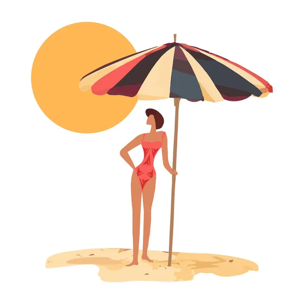 海滩场景一个女孩在海滩伞下保护自己免受阳光照射 矢量说明 — 图库矢量图片