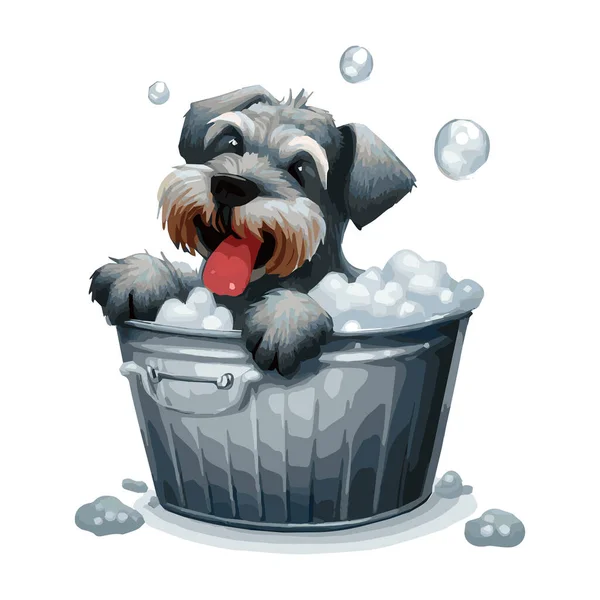 Cute Cartoon Dog Taking Bath Metallic Bucket Isolated White Background — Stock Vector