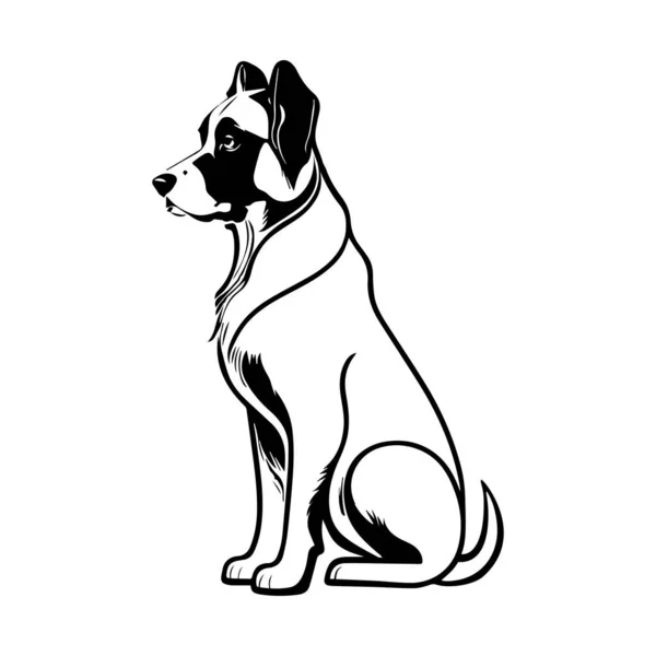 Siedzący Pies Odizolowany Białym Tle Czarno Biały Klip Ilustracja Wektora — Wektor stockowy