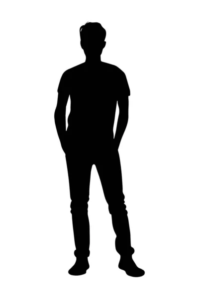 Силуэт Молодого Человека Руками Карманах Повседневной Одежде Белом Фоне — стоковый вектор