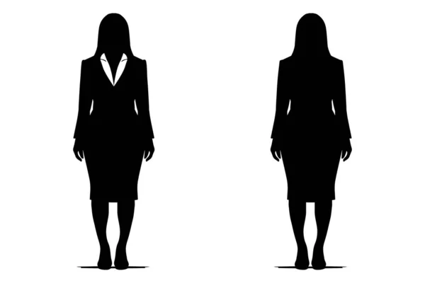 Curvy Woman Kostym Jacka Siluett Isolerad Vit Bakgrund Fram Och — Stock vektor
