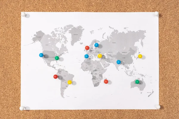 Planificación Concepto Destino Viajes Pushpins Mapa Del Mundo Corkboard — Foto de Stock