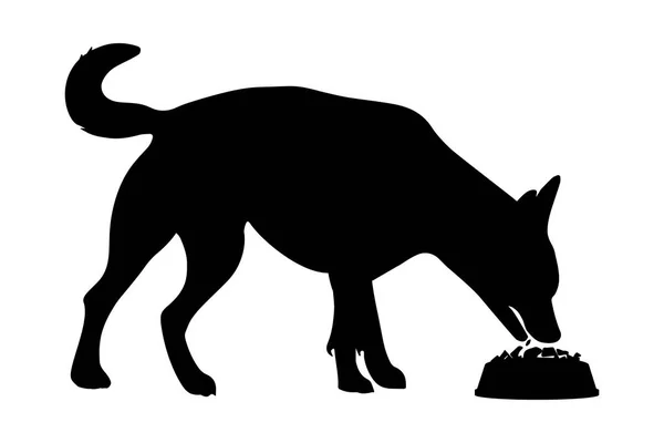 白い背景に隔離されたボウルから食べる犬のシルエット ベクターイラスト — ストックベクタ