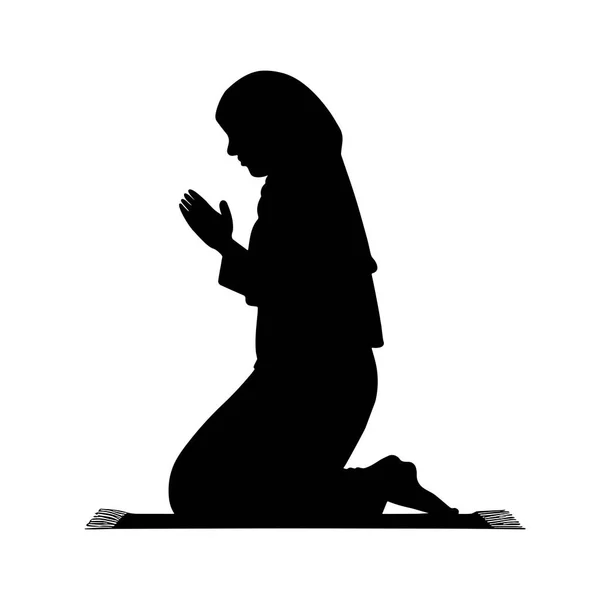 Мусульманская Женщина Молится Силуэт Изолирован Белом Фоне Векторная Иллюстрация — стоковый вектор