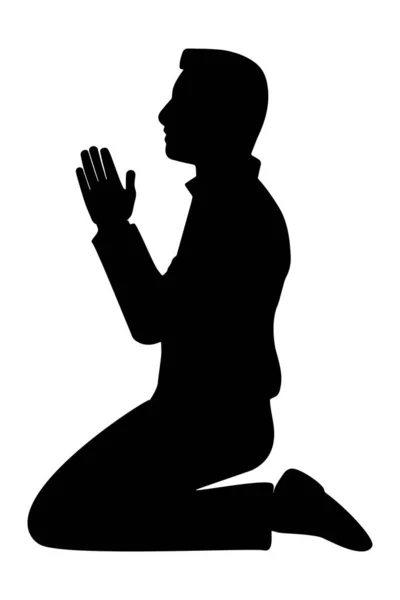 Силуэт Мужчины Сидящего Коленях Молящегося Вид Сбоку — стоковый вектор