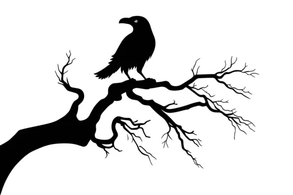 Ворон Гілці Сухого Дерева Silhouette Елемент Дизайну Хеллоуїна Векторні Ілюстрації — стоковий вектор