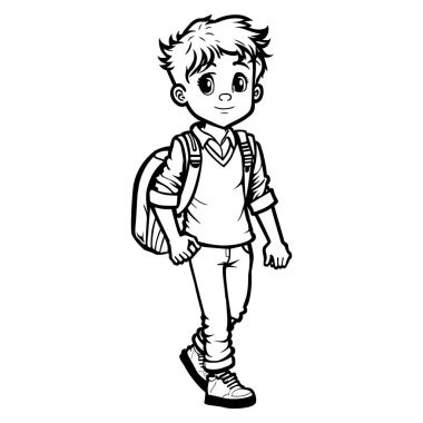 Sırt çantası boyama sayfası olan çocuk. Okul konseptine geri dönelim. Vektör illüstrasyonu