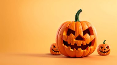 Fotokopi alanı olan Cadılar Bayramı afişi. Sarı arka planda üç balkabağı grubu.