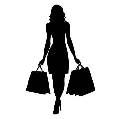 Alışveriş torbaları silueti olan bir kadın. Vektör illüstrasyonu