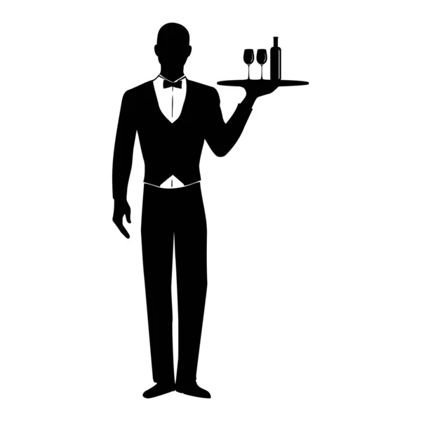 Elegant Waiter Tray Drinks Silhouette Vector Illustration — Stock Vector
