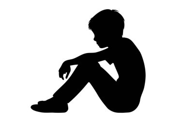 Üzgün çocuk silueti. Yerde duran yan profil portresi. vektör illüstrasyonu