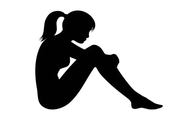 抑圧された少女のシルエット 地面に座っているサイドプロフィールの肖像画 ベクトルイラスト — ストックベクタ
