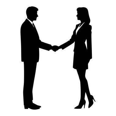 Bir iş adamının silueti ve bir iş kadını anlaşma yaptıktan sonra el sıkışıyor. Vektör illüstrasyonu