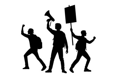 Bir grup protestocu silueti. Vektör illüstrasyonu