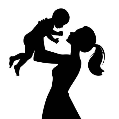 Anne oğlunun siluetini kaldırıyor. Vektör illüstrasyonu