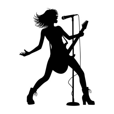 Rock konserinde elektro gitar çalan bir kadının silueti. Vektör illüstrasyonu