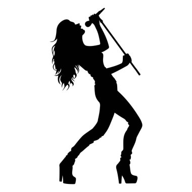 Kadın mikrofon siluetiyle rock söylüyor. Vektör illüstrasyonu