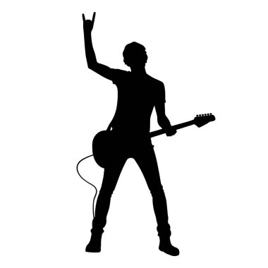 Elektro gitarlı ve boynuzlu bir adamın silueti. vektör illüstrasyonu