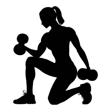 Vücut geliştiren kadın silueti halterleri kaldırıyor. Vektör illüstrasyonu