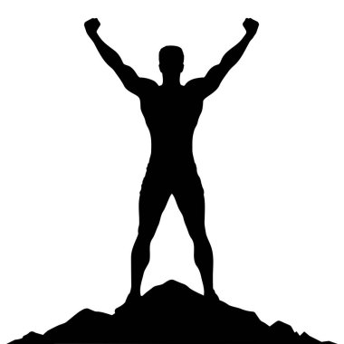 Kas Adam 'ın silueti bir dağın tepesinde duruyor, zafer sembolü olarak kollarını kaldırıyor. Vektör illüstrasyonu